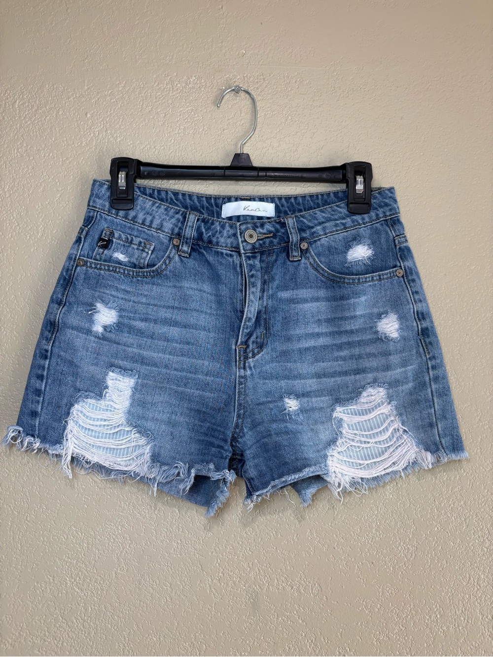 KanCan Distressed High-Rise Denim Shorts - Blue Wash